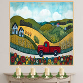 Farm Folk Art Print Featuring Red Vintage Truck Colorful Rolling Hills Blue Farmhouses and Wildflowers Hand Painted Country Scene for Rustic Wall Home Decor on Ready to Hang 1.5" Thick Canvas Wrap, Floating Framed Canvas, Flat Rolled Canvas